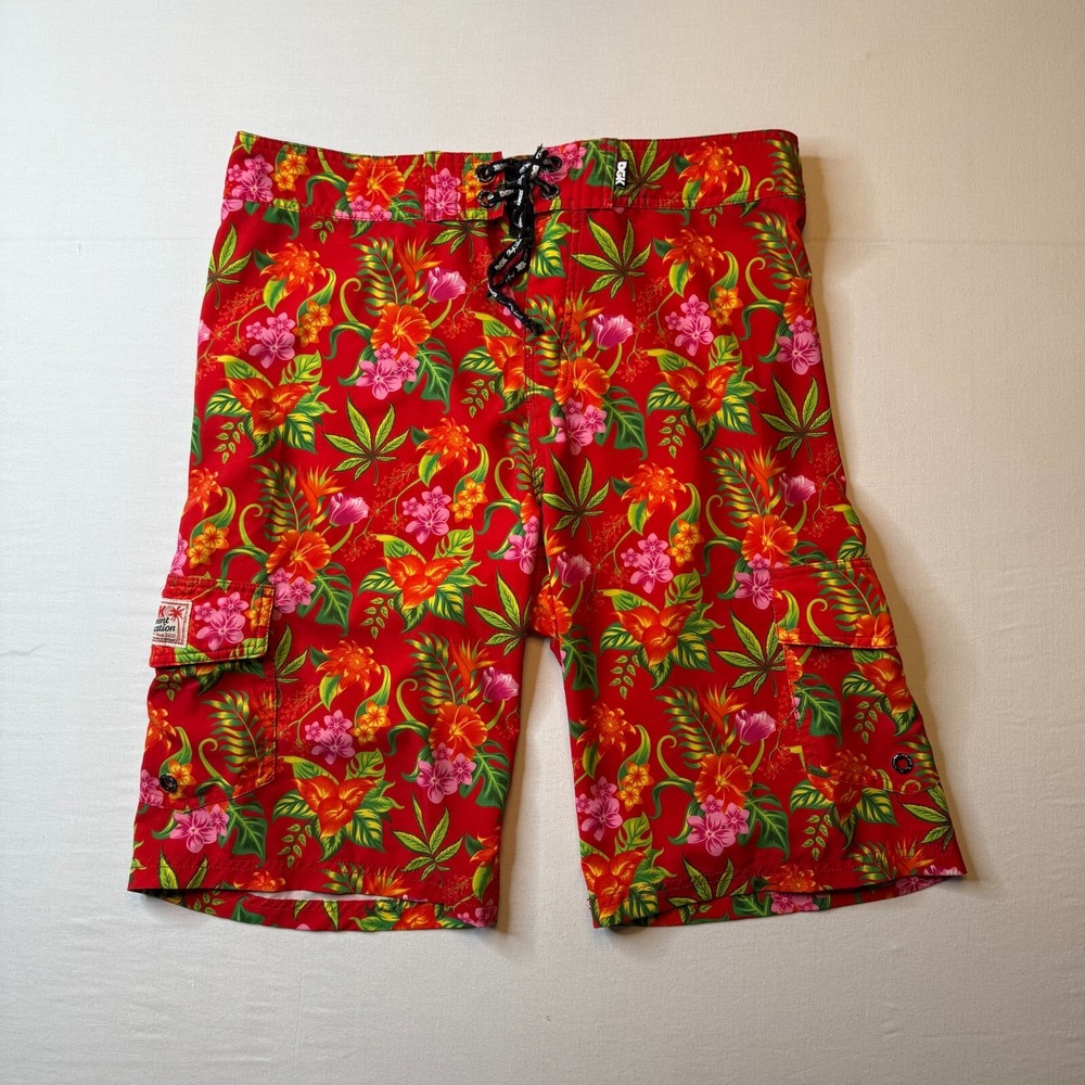 DGK Board‎ Shorts Mens 32 Red Hawaiian Floral Print Permanent Vacation Surf Swim